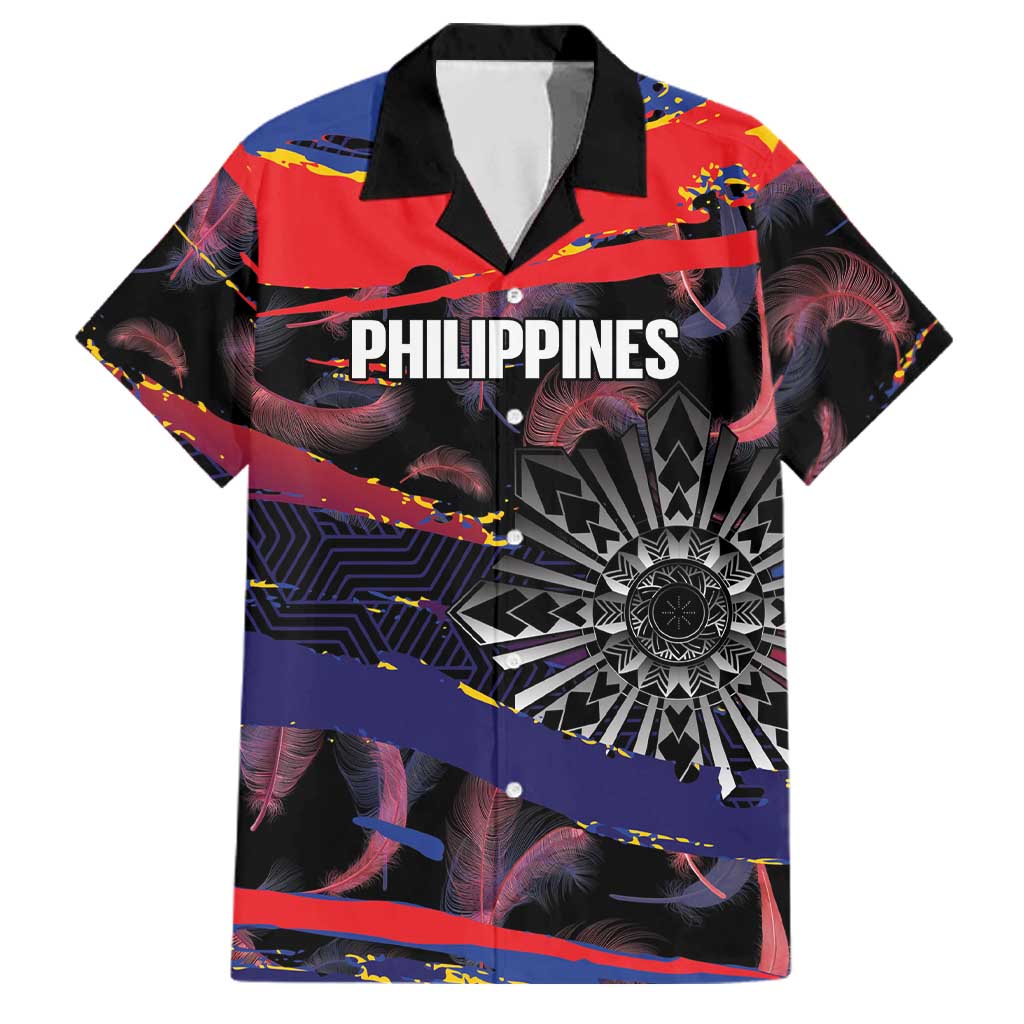 Philippines Sun Tattoo Family Matching Off The Shoulder Long Sleeve Dress and Hawaiian Shirt Feathers Filipinas Grunge Style Black