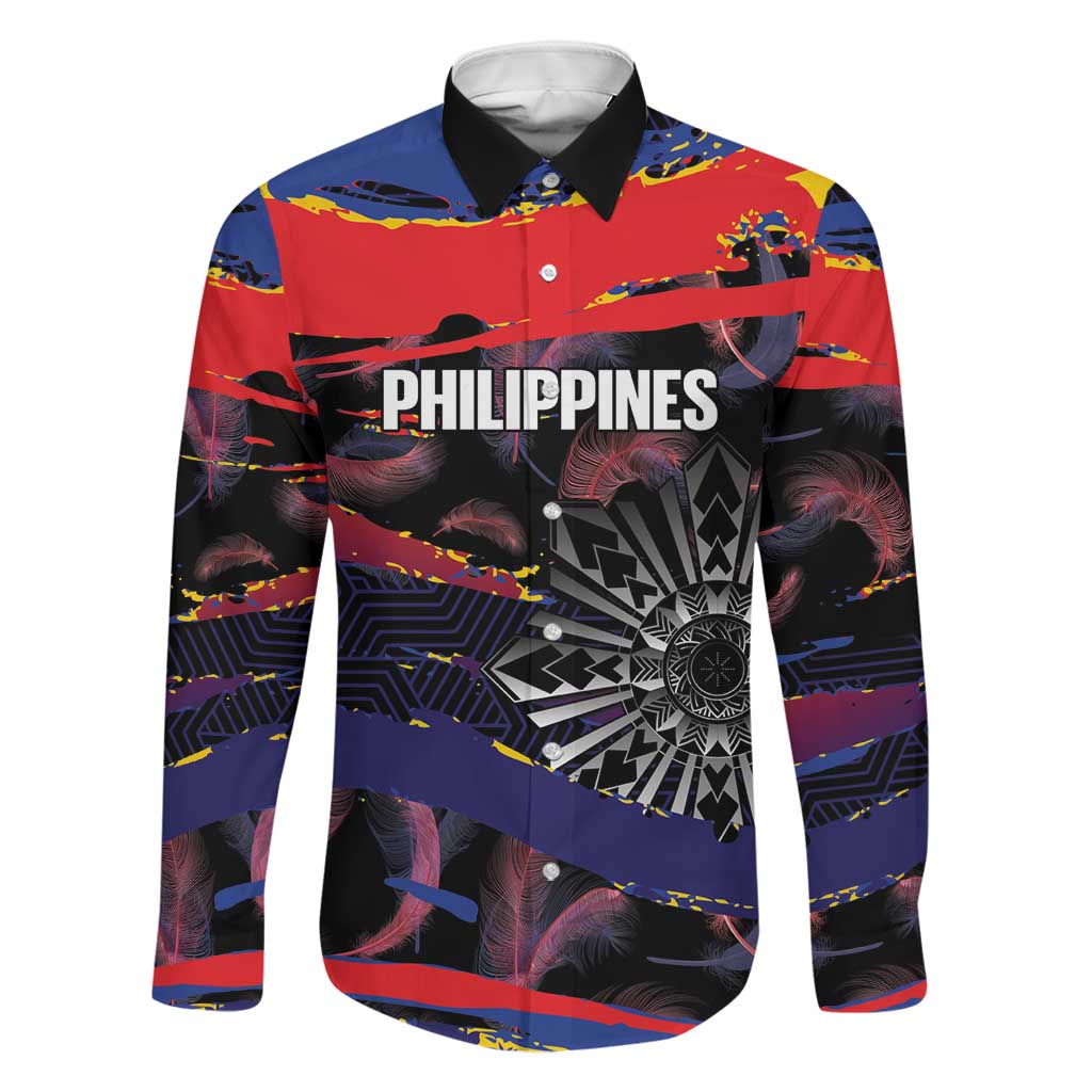 Philippines Sun Tattoo Family Matching Off The Shoulder Long Sleeve Dress and Hawaiian Shirt Feathers Filipinas Grunge Style Black