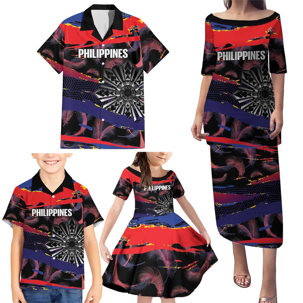 Philippines Sun Tattoo Family Matching Puletasi and Hawaiian Shirt Feathers Filipinas Grunge Style Black LT14 - Polynesian Pride