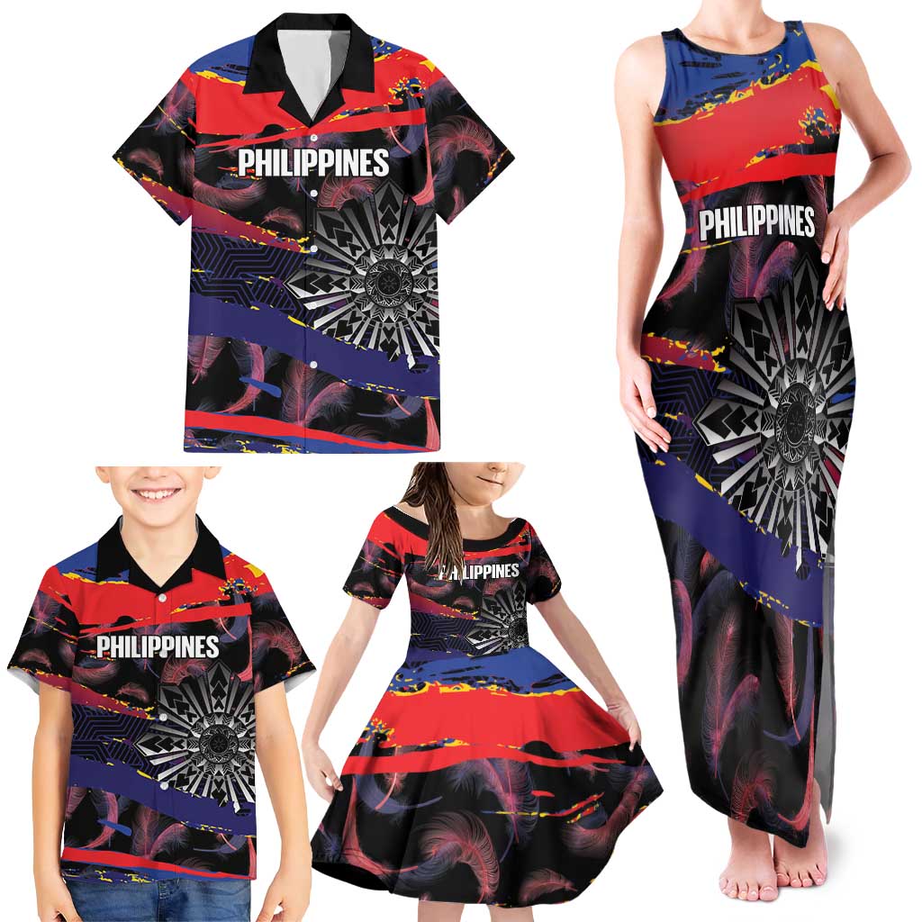 Philippines Sun Tattoo Family Matching Tank Maxi Dress and Hawaiian Shirt Feathers Filipinas Grunge Style Black LT14 - Polynesian Pride