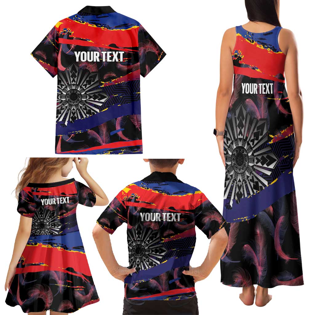 Philippines Sun Tattoo Family Matching Tank Maxi Dress and Hawaiian Shirt Feathers Filipinas Grunge Style Black