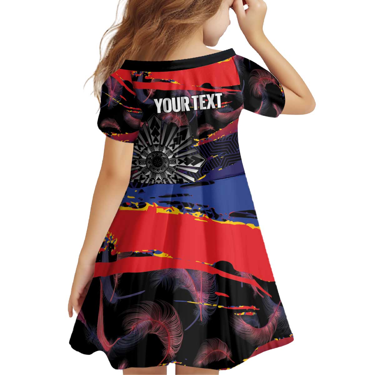 Philippines Sun Tattoo Kid Short Sleeve Dress Feathers Filipinas Grunge Style Black LT14 - Polynesian Pride