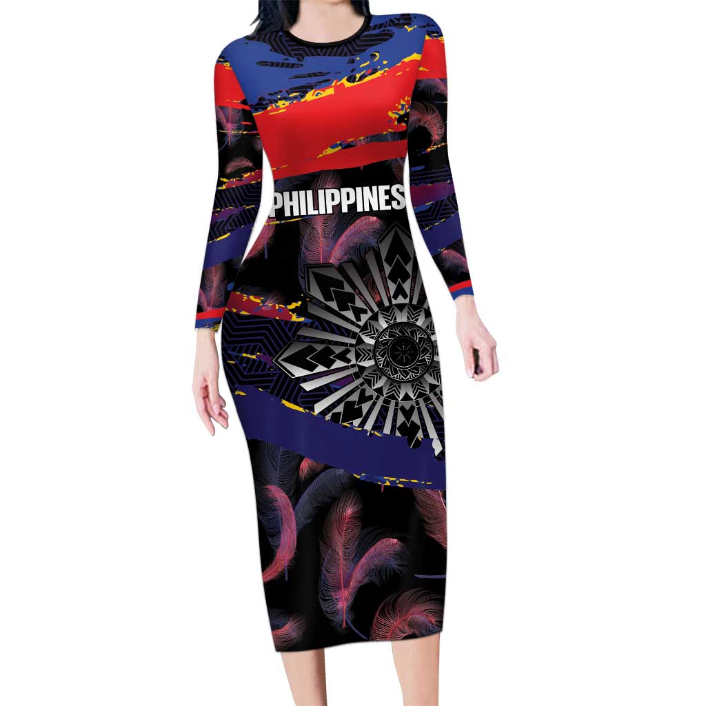 Philippines Sun Tattoo Long Sleeve Bodycon Dress Feathers Filipinas Grunge Style Black LT14 Long Dress Black - Polynesian Pride