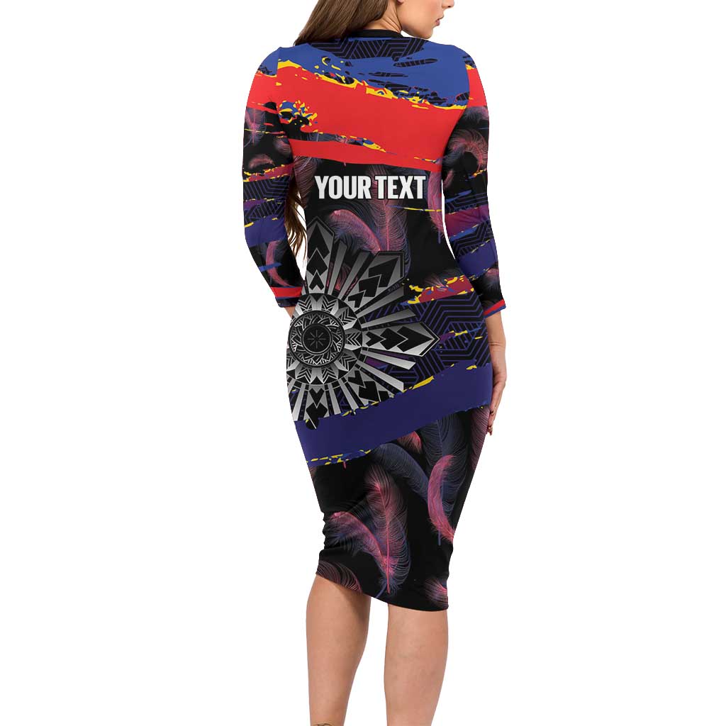 Philippines Sun Tattoo Long Sleeve Bodycon Dress Feathers Filipinas Grunge Style Black LT14 - Polynesian Pride