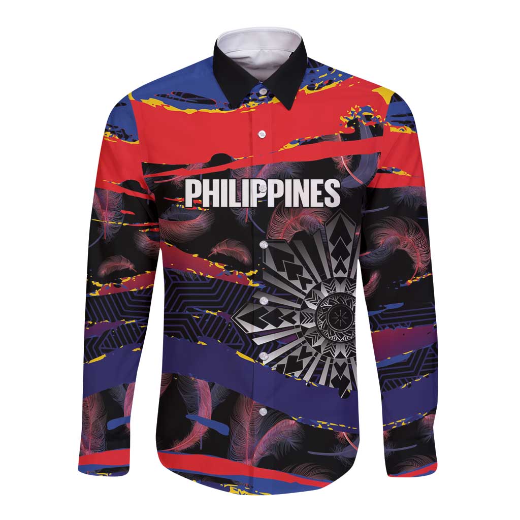 Philippines Sun Tattoo Long Sleeve Button Shirt Feathers Filipinas Grunge Style Black LT14 Unisex Black - Polynesian Pride