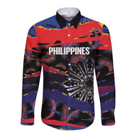 Philippines Sun Tattoo Long Sleeve Button Shirt Feathers Filipinas Grunge Style Black LT14 Unisex Black - Polynesian Pride