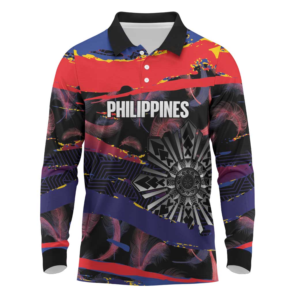Philippines Sun Tattoo Long Sleeve Polo Shirt Feathers Filipinas Grunge Style Black LT14 Black - Polynesian Pride