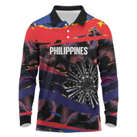 Philippines Sun Tattoo Long Sleeve Polo Shirt Feathers Filipinas Grunge Style Black LT14 Black - Polynesian Pride