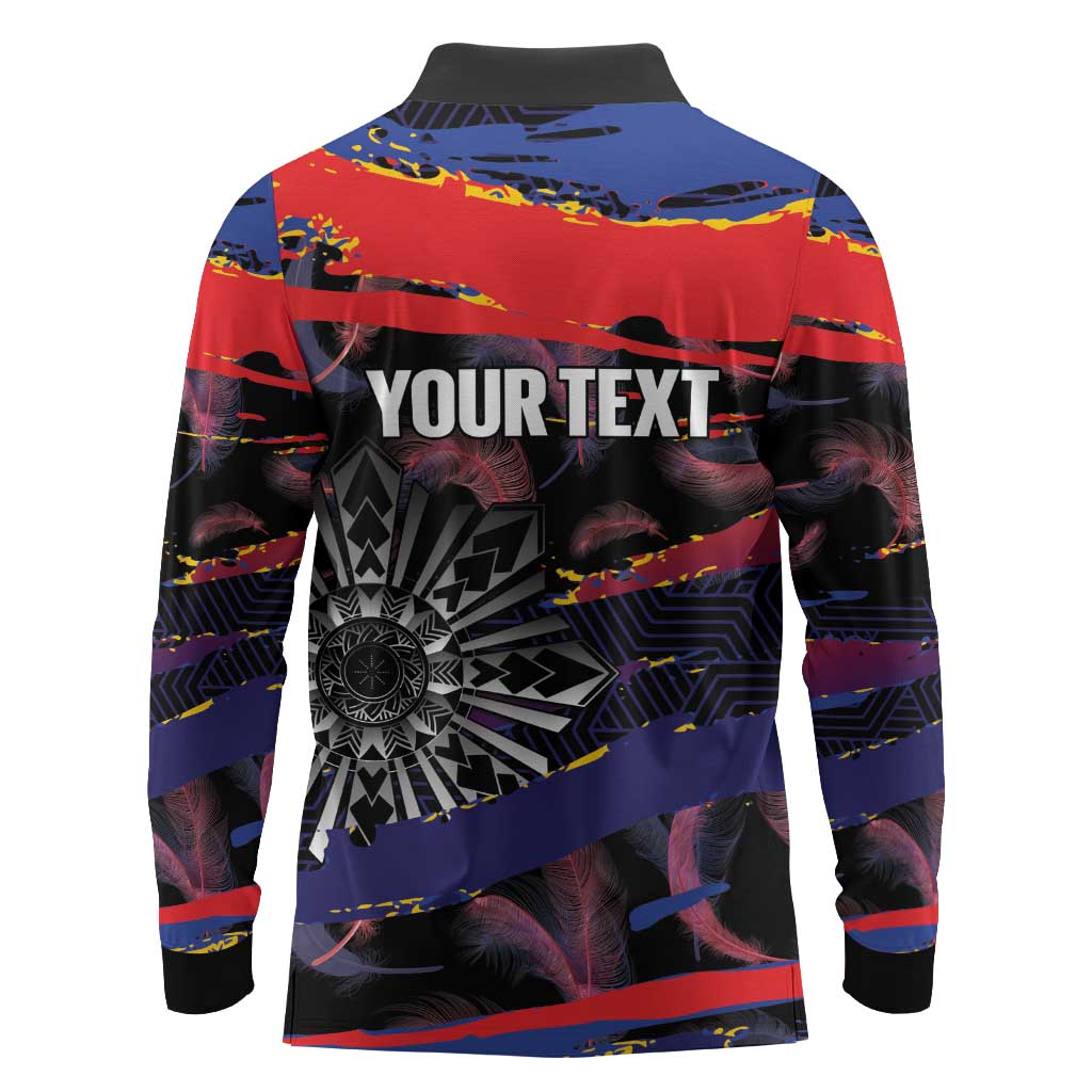Philippines Sun Tattoo Long Sleeve Polo Shirt Feathers Filipinas Grunge Style Black LT14 - Polynesian Pride