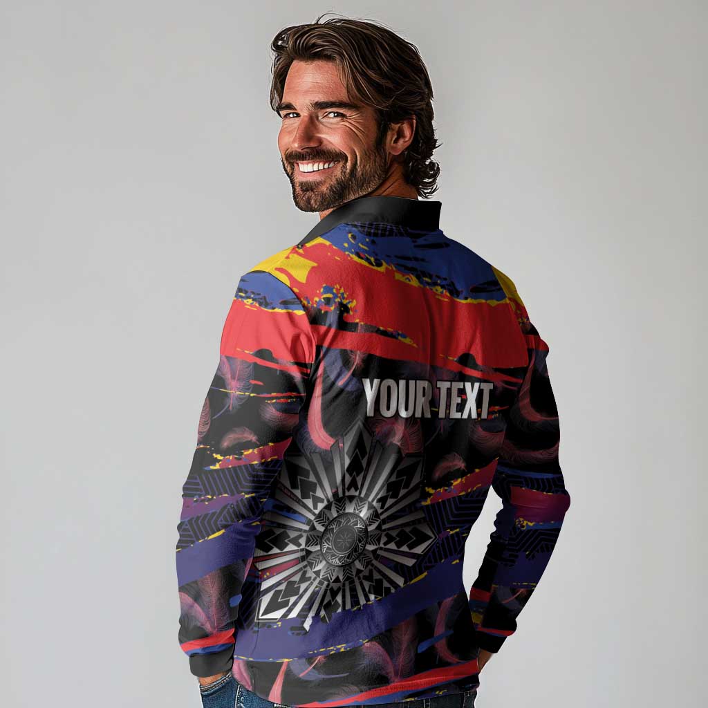 Philippines Sun Tattoo Long Sleeve Polo Shirt Feathers Filipinas Grunge Style Black LT14 - Polynesian Pride