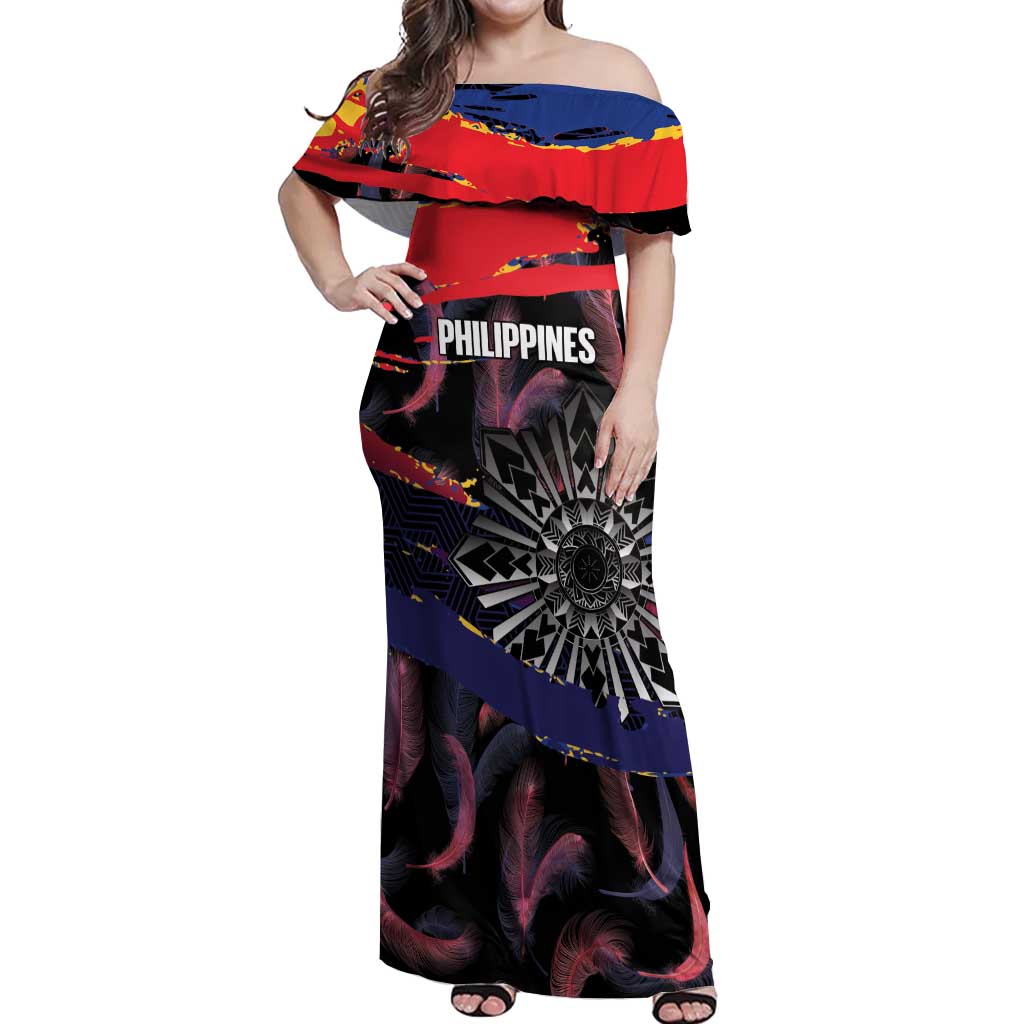 Philippines Sun Tattoo Off Shoulder Maxi Dress Feathers Filipinas Grunge Style Black LT14 Women Black - Polynesian Pride