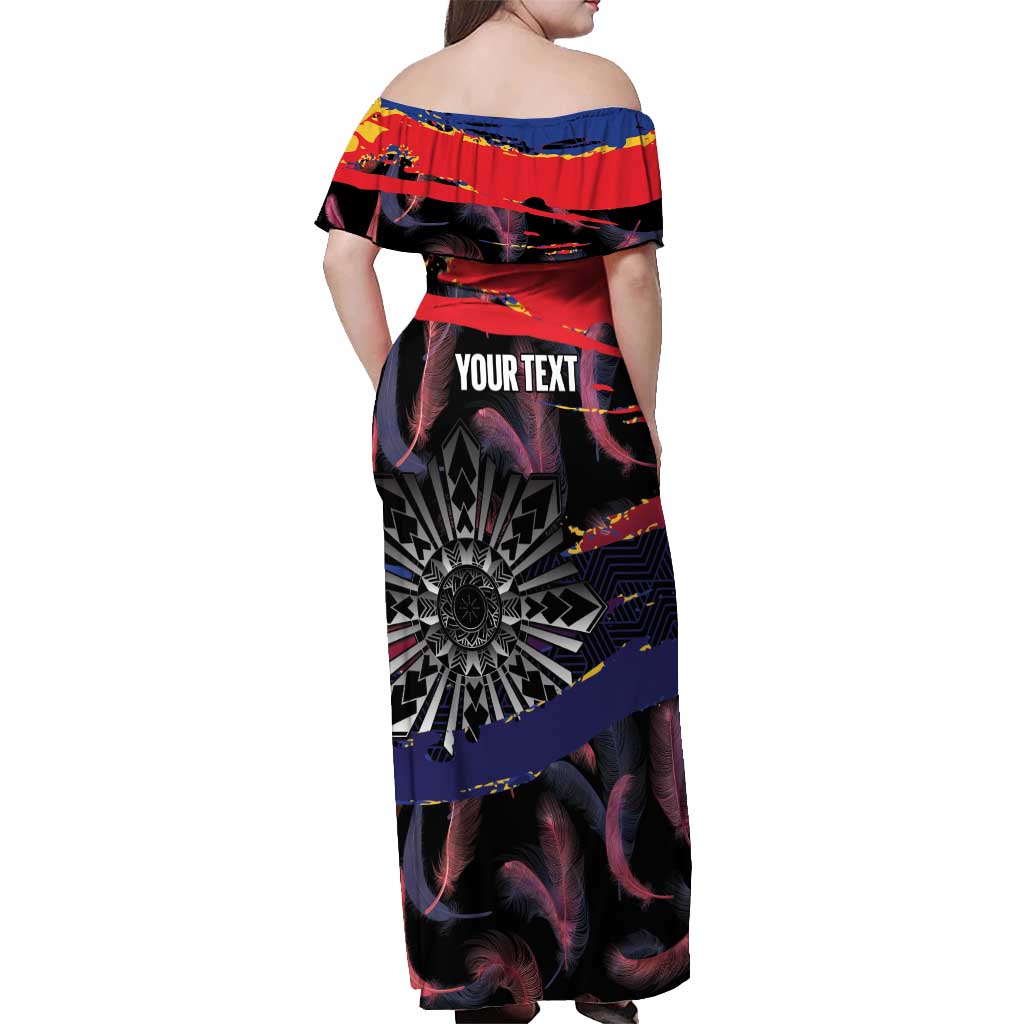 Philippines Sun Tattoo Off Shoulder Maxi Dress Feathers Filipinas Grunge Style Black LT14 - Polynesian Pride