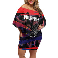 Philippines Sun Tattoo Off Shoulder Short Dress Feathers Filipinas Grunge Style Black LT14 Women Black - Polynesian Pride