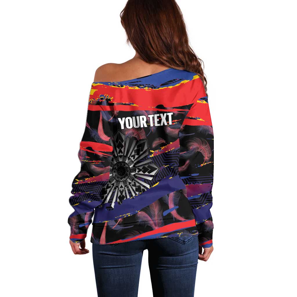 Philippines Sun Tattoo Off Shoulder Sweater Feathers Filipinas Grunge Style Black LT14 - Polynesian Pride