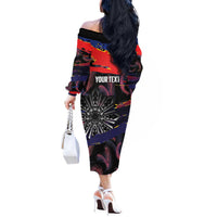 Philippines Sun Tattoo Off The Shoulder Long Sleeve Dress Feathers Filipinas Grunge Style Black LT14 - Polynesian Pride