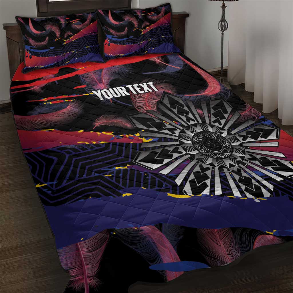 Philippines Sun Tattoo Quilt Bed Set Feathers Filipinas Grunge Style Black