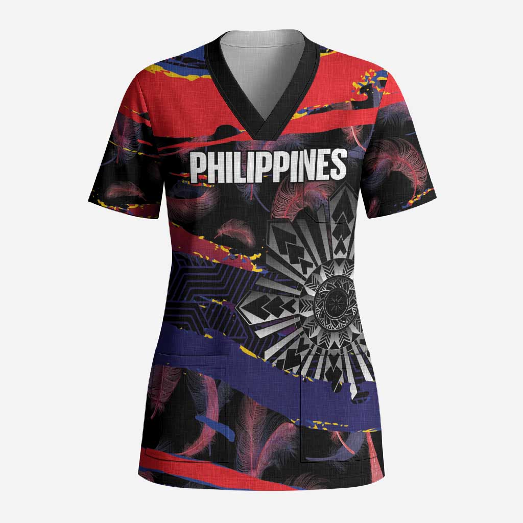 Philippines Sun Tattoo Scrub Top Feathers Filipinas Grunge Style Black