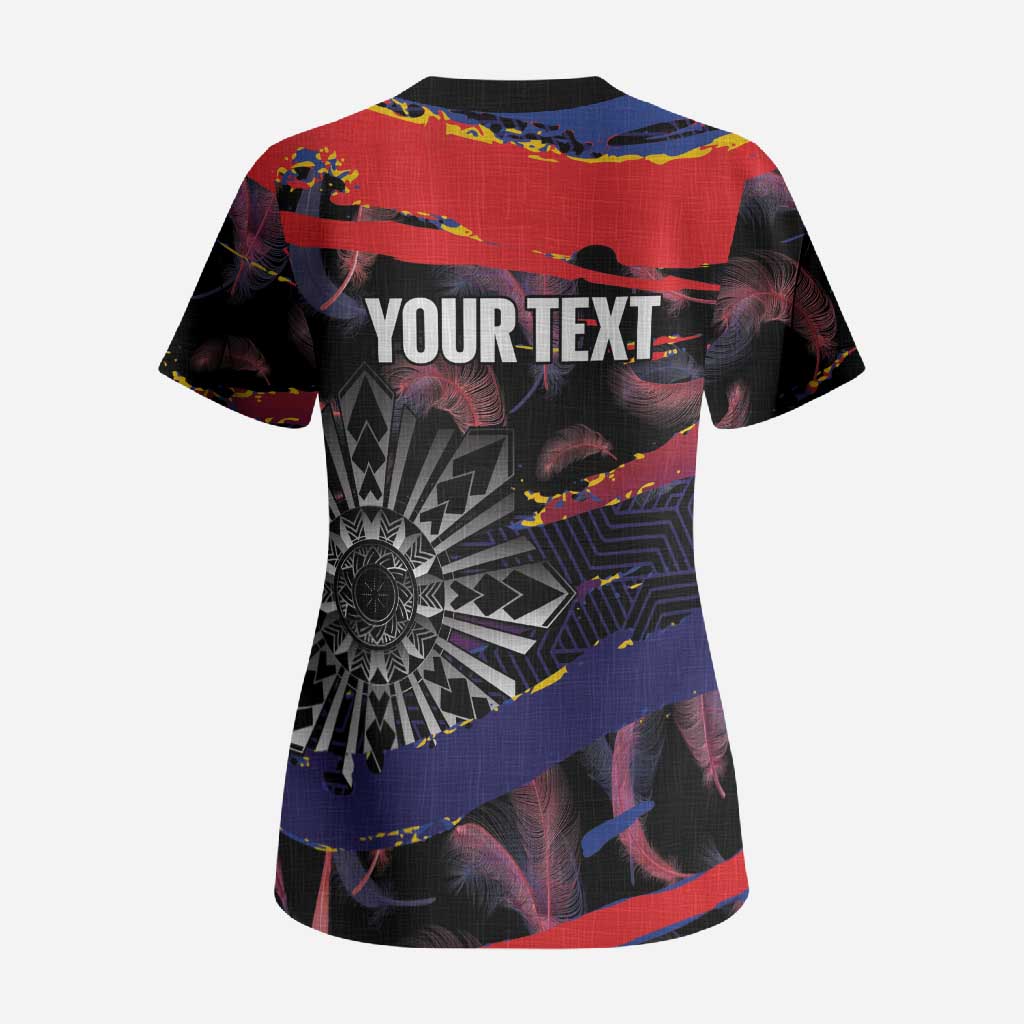 Philippines Sun Tattoo Scrub Top Feathers Filipinas Grunge Style Black