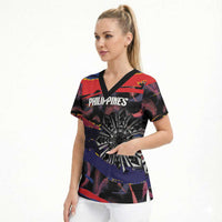 Philippines Sun Tattoo Scrub Top Feathers Filipinas Grunge Style Black