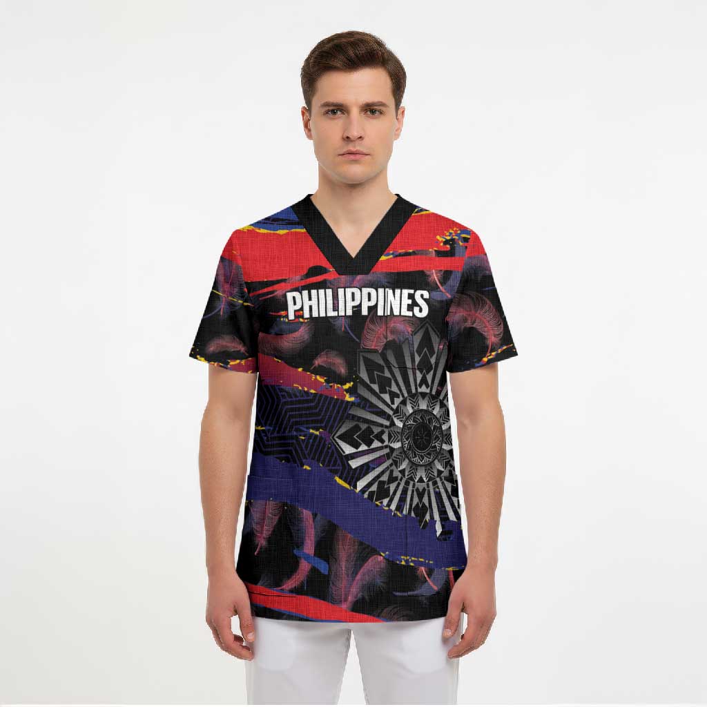 Philippines Sun Tattoo Scrub Top Feathers Filipinas Grunge Style Black