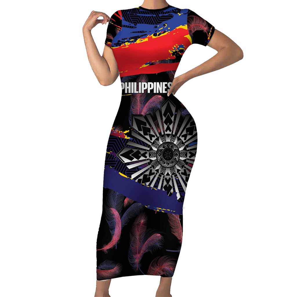 Philippines Sun Tattoo Short Sleeve Bodycon Dress Feathers Filipinas Grunge Style Black LT14 Long Dress Black - Polynesian Pride