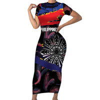 Philippines Sun Tattoo Short Sleeve Bodycon Dress Feathers Filipinas Grunge Style Black LT14 Long Dress Black - Polynesian Pride