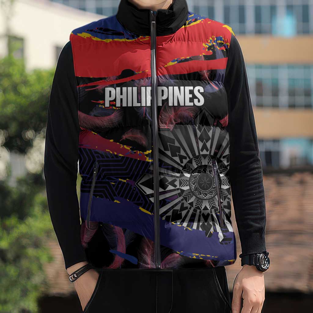 Philippines Sun Tattoo Sleeveless Puffer Jacket Feathers Filipinas Grunge Style Black LT14 - Polynesian Pride