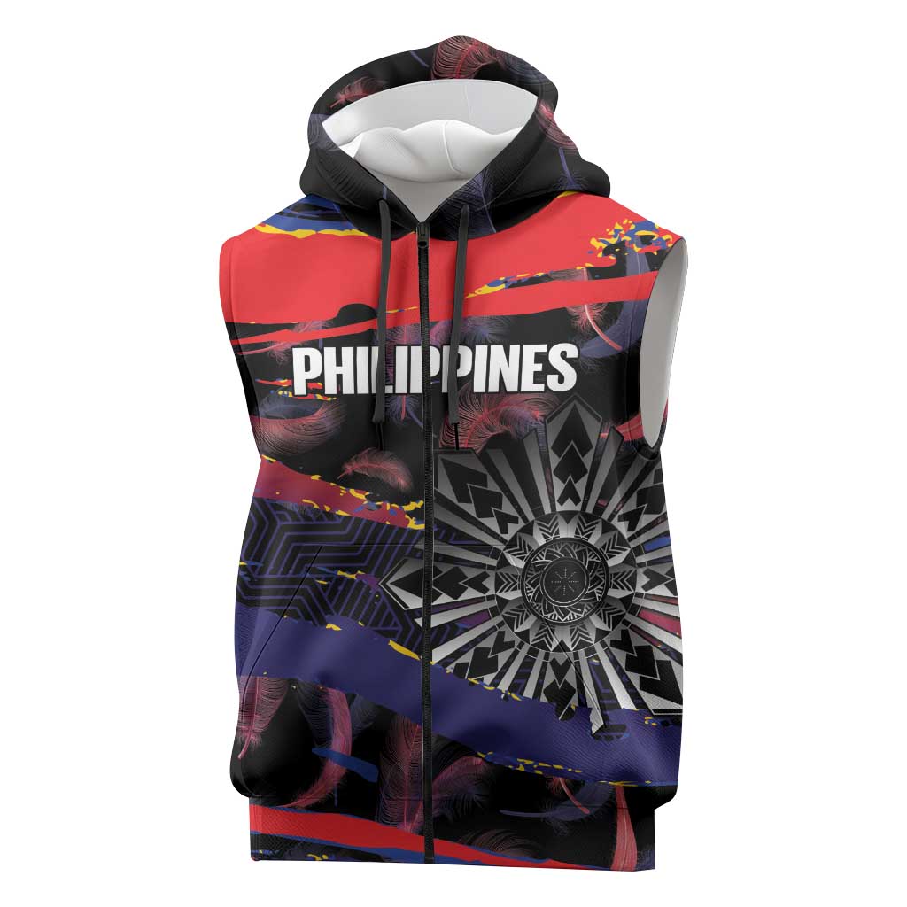 Philippines Sun Tattoo Sleeveless Zip Hoodie Feathers Filipinas Grunge Style Black LT14 Black - Polynesian Pride