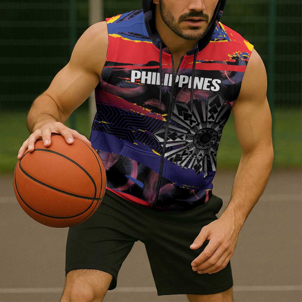 Philippines Sun Tattoo Sleeveless Zip Hoodie Feathers Filipinas Grunge Style Black LT14 - Polynesian Pride