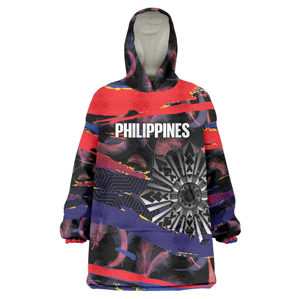Philippines Sun Tattoo Wearable Blanket Hoodie Feathers Filipinas Grunge Style Black LT14 One Size Black - Polynesian Pride