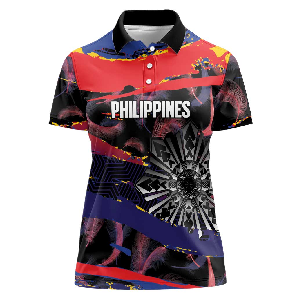Philippines Sun Tattoo Women Polo Shirt Feathers Filipinas Grunge Style Black LT14 Female Black - Polynesian Pride