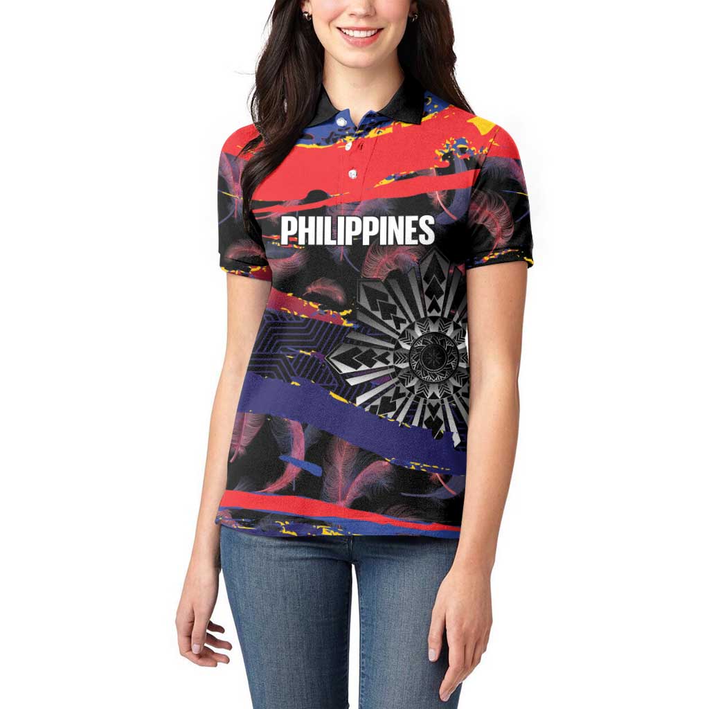 Philippines Sun Tattoo Women Polo Shirt Feathers Filipinas Grunge Style Black LT14 - Polynesian Pride
