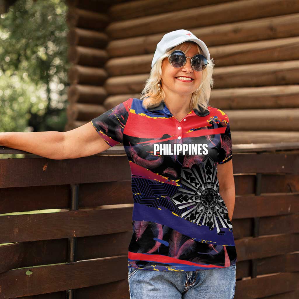 Philippines Sun Tattoo Women Polo Shirt Feathers Filipinas Grunge Style Black LT14 - Polynesian Pride