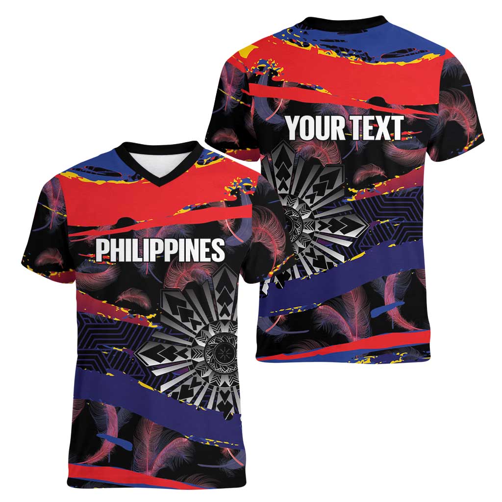 Philippines Sun Tattoo Women V-Neck T-Shirt Feathers Filipinas Grunge Style Black LT14 - Polynesian Pride