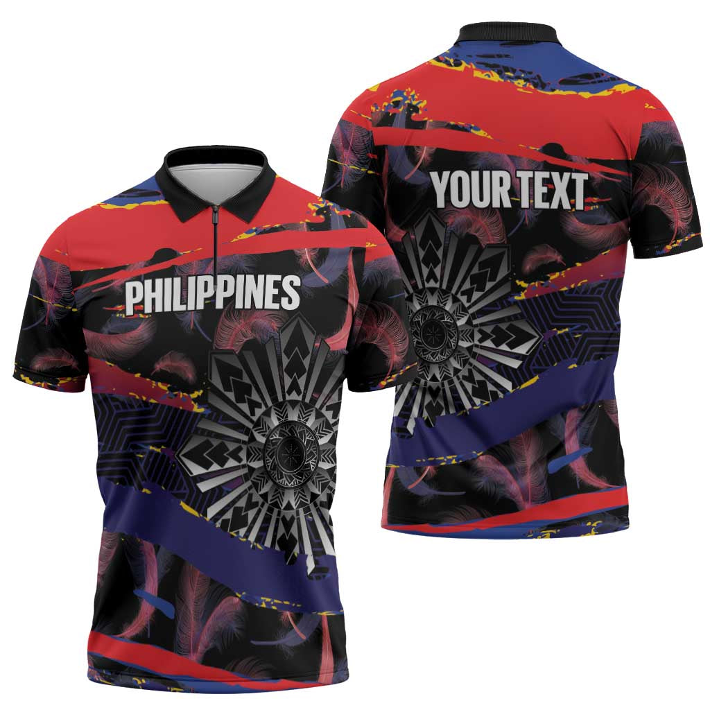 Philippines Sun Tattoo Zipper Polo Shirt Feathers Filipinas Grunge Style Black LT14 - Polynesian Pride