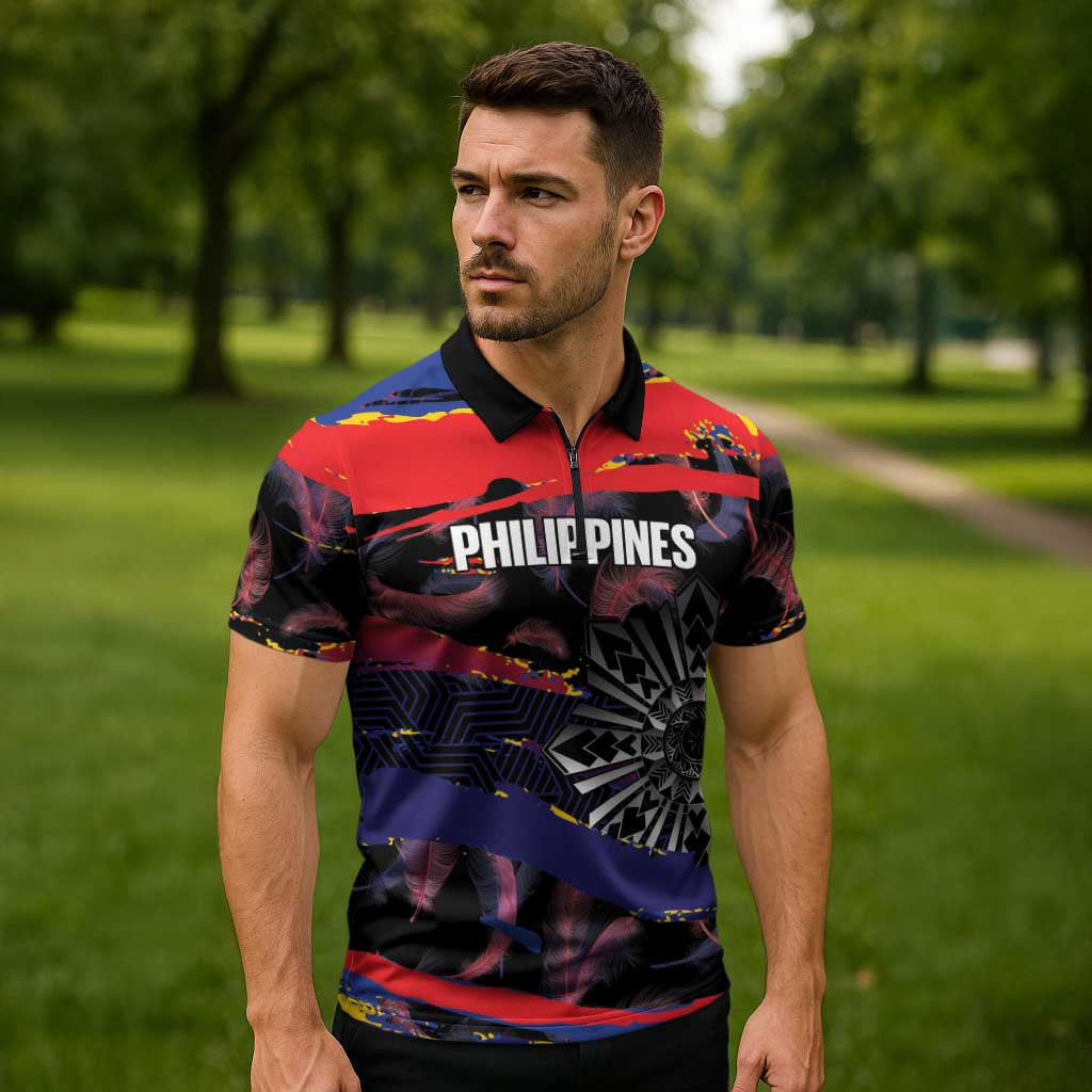 Philippines Sun Tattoo Zipper Polo Shirt Feathers Filipinas Grunge Style Black LT14 - Polynesian Pride