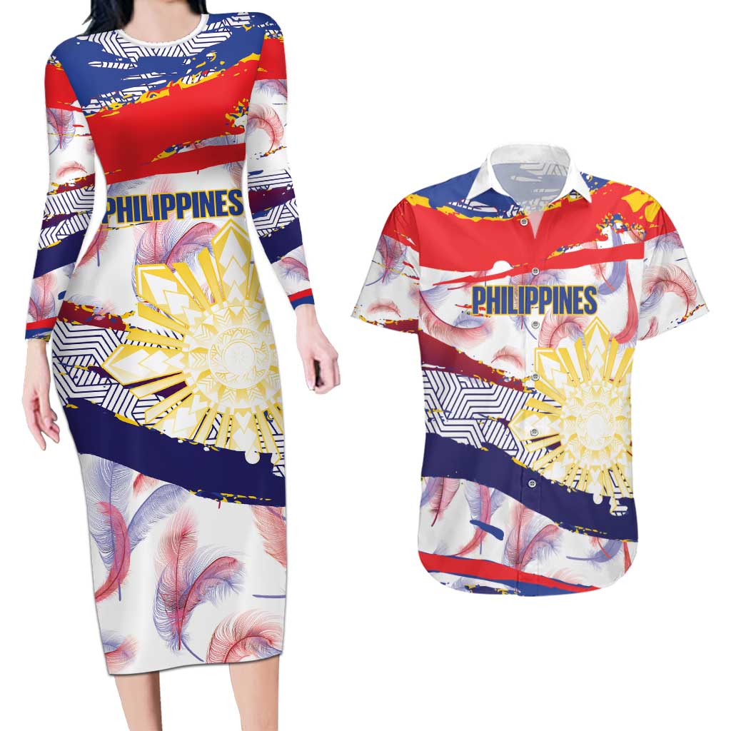 Philippines Sun Tattoo Couples Matching Long Sleeve Bodycon Dress and Hawaiian Shirt Feathers Filipinas Grunge Style White LT14 White - Polynesian Pride