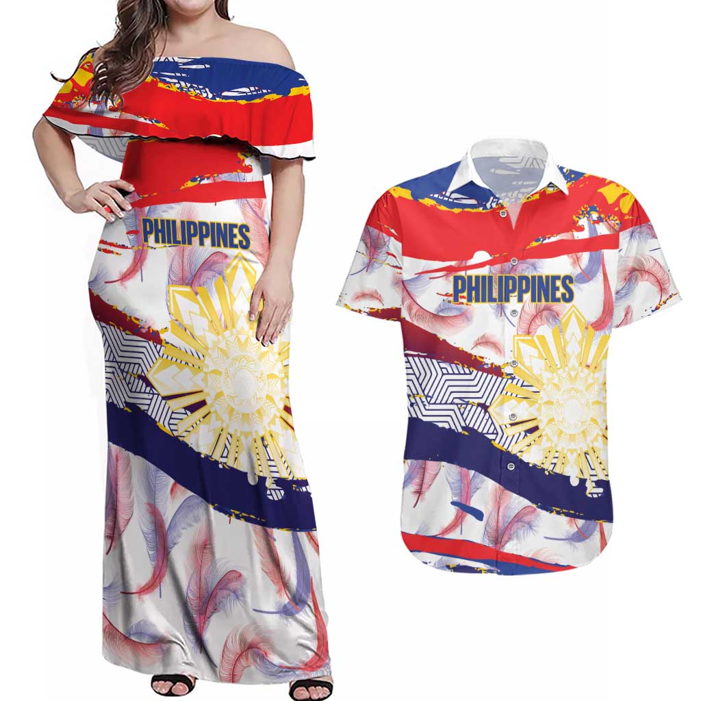 Philippines Sun Tattoo Couples Matching Off Shoulder Maxi Dress and Hawaiian Shirt Feathers Filipinas Grunge Style White LT14 White - Polynesian Pride