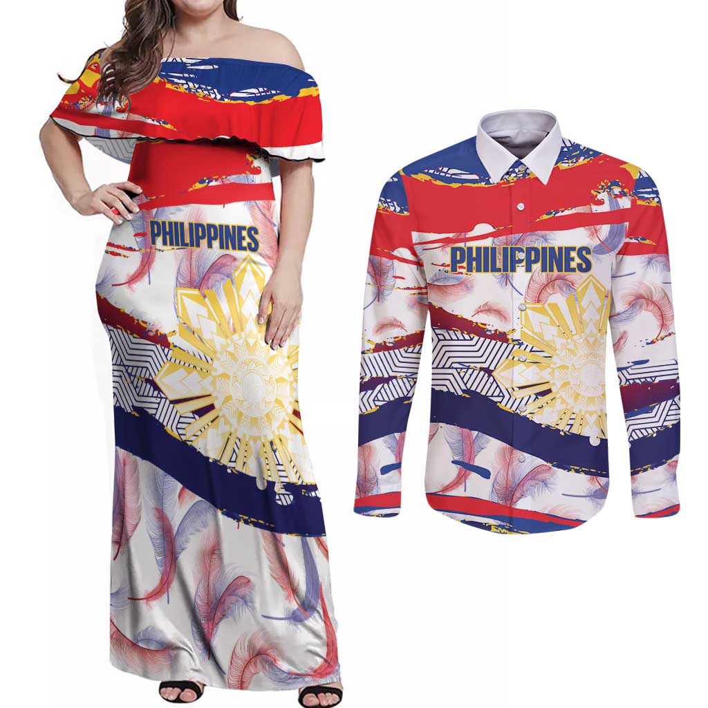 Philippines Sun Tattoo Couples Matching Off Shoulder Maxi Dress and Long Sleeve Button Shirt Feathers Filipinas Grunge Style White LT14 White - Polynesian Pride
