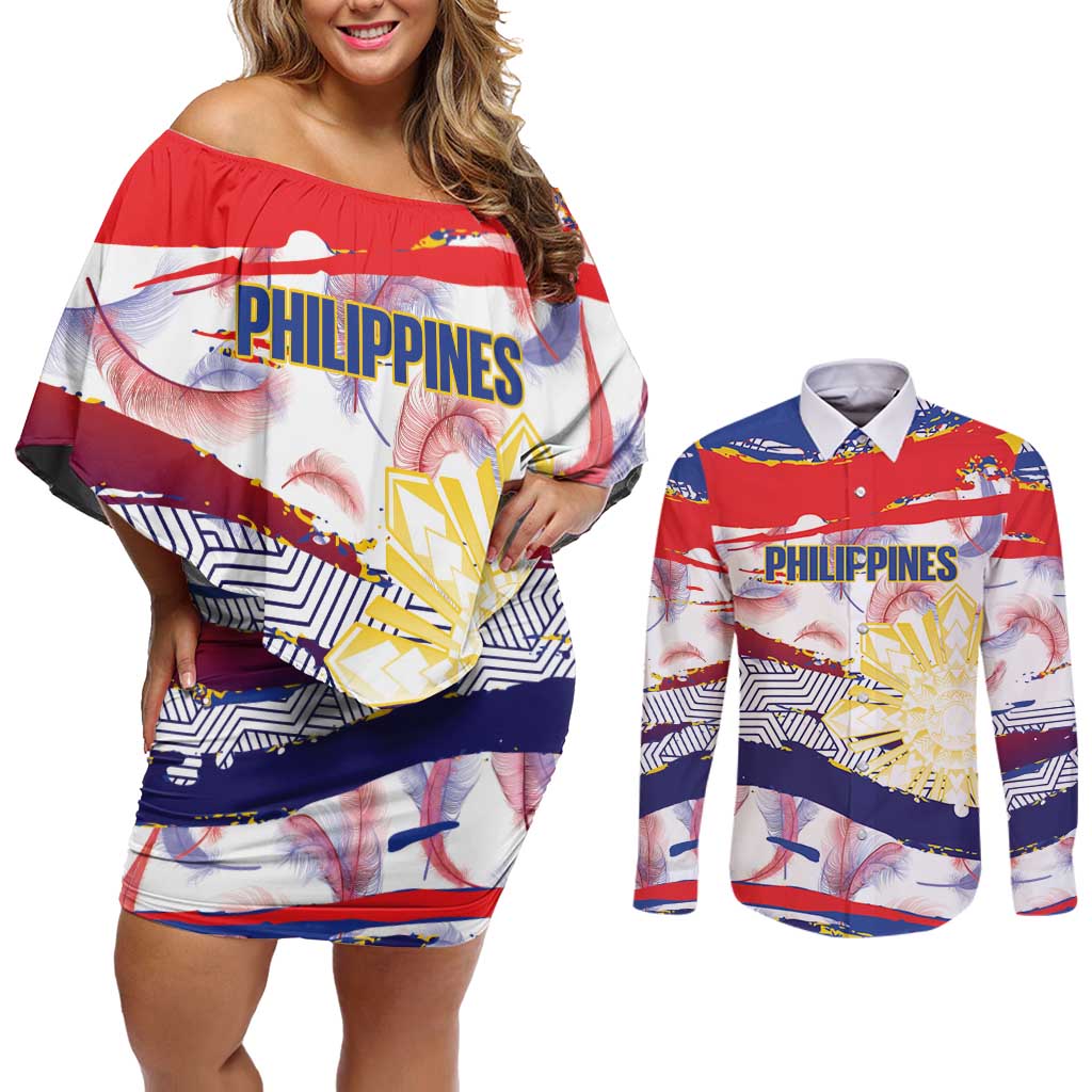 Philippines Sun Tattoo Couples Matching Off Shoulder Short Dress and Long Sleeve Button Shirt Feathers Filipinas Grunge Style White LT14 White - Polynesian Pride