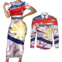 Philippines Sun Tattoo Couples Matching Short Sleeve Bodycon Dress and Long Sleeve Button Shirt Feathers Filipinas Grunge Style White