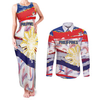 Philippines Sun Tattoo Couples Matching Tank Maxi Dress and Long Sleeve Button Shirt Feathers Filipinas Grunge Style White LT14 White - Polynesian Pride
