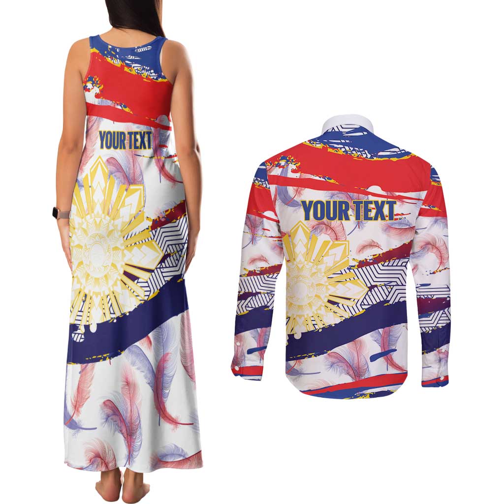 Philippines Sun Tattoo Couples Matching Tank Maxi Dress and Long Sleeve Button Shirt Feathers Filipinas Grunge Style White LT14 - Polynesian Pride