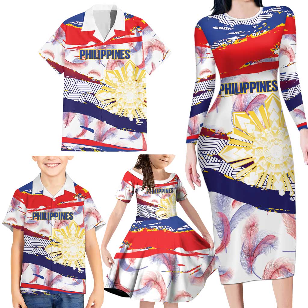 Philippines Sun Tattoo Family Matching Long Sleeve Bodycon Dress and Hawaiian Shirt Feathers Filipinas Grunge Style White LT14 - Polynesian Pride