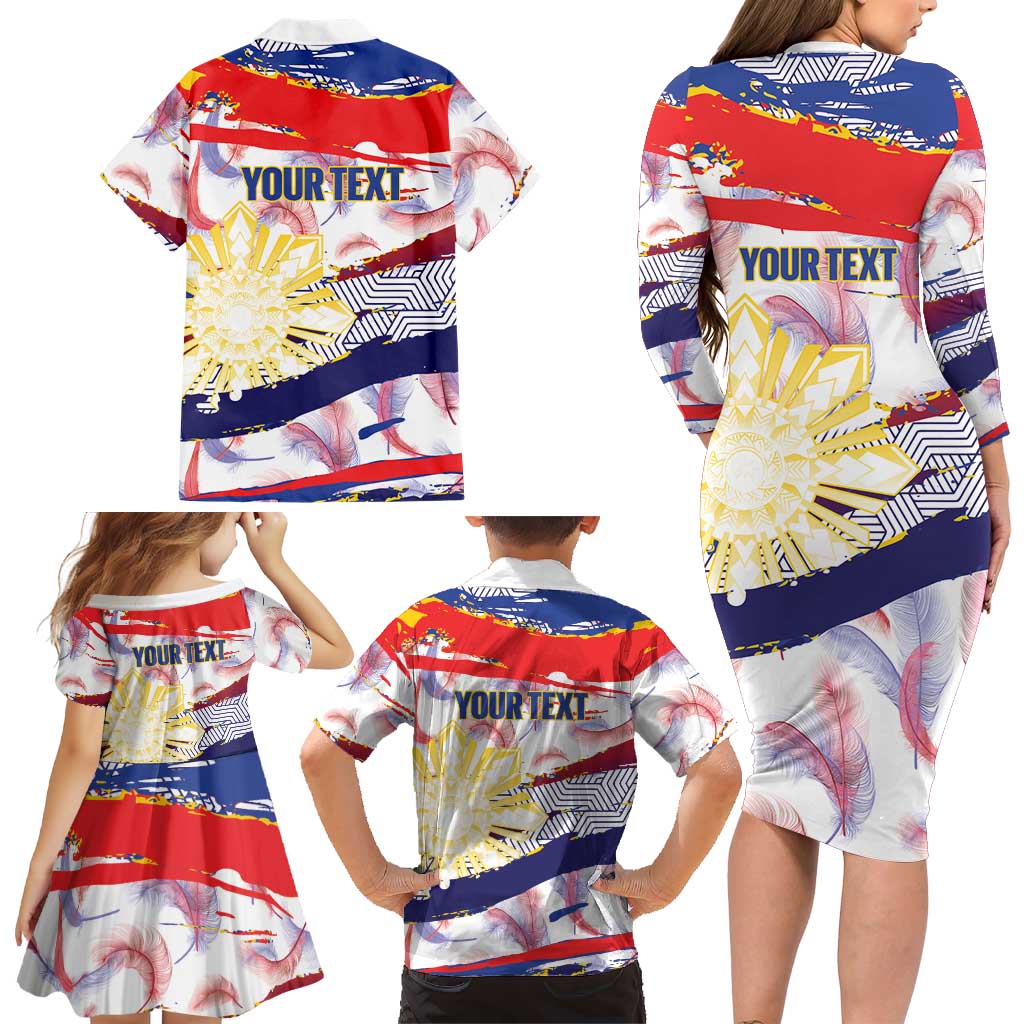 Philippines Sun Tattoo Family Matching Long Sleeve Bodycon Dress and Hawaiian Shirt Feathers Filipinas Grunge Style White