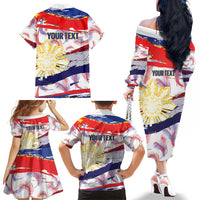Philippines Sun Tattoo Family Matching Off The Shoulder Long Sleeve Dress and Hawaiian Shirt Feathers Filipinas Grunge Style White