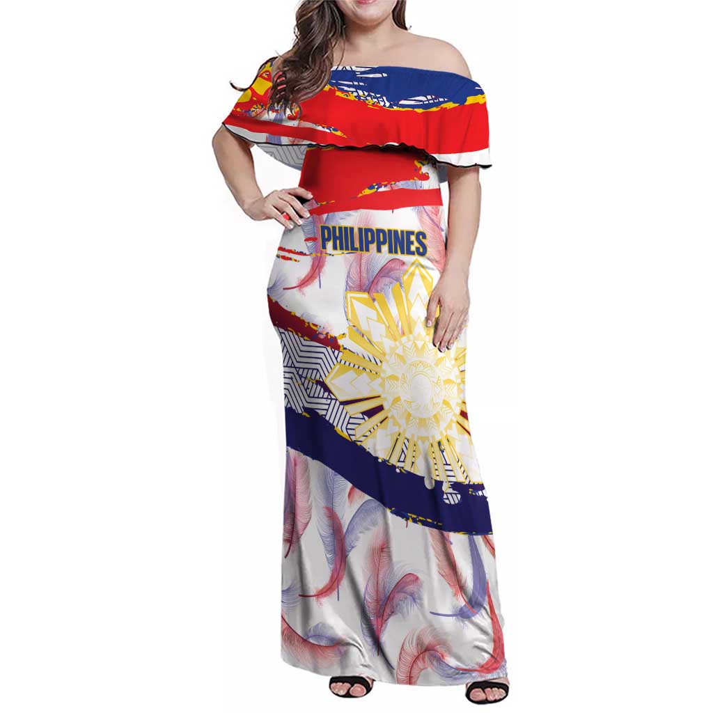 Philippines Sun Tattoo Family Matching Off Shoulder Maxi Dress and Hawaiian Shirt Feathers Filipinas Grunge Style White