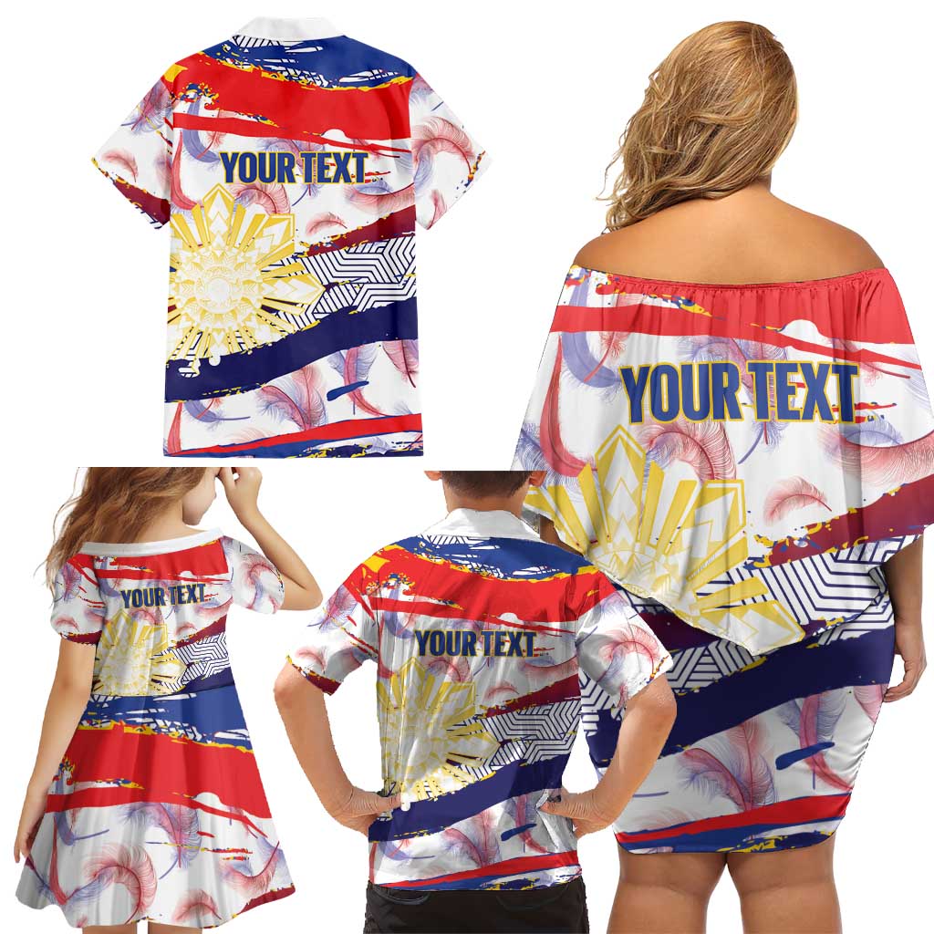 Philippines Sun Tattoo Family Matching Off Shoulder Short Dress and Hawaiian Shirt Feathers Filipinas Grunge Style White