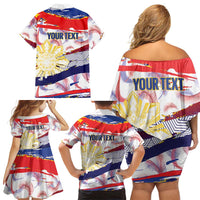 Philippines Sun Tattoo Family Matching Off Shoulder Short Dress and Hawaiian Shirt Feathers Filipinas Grunge Style White
