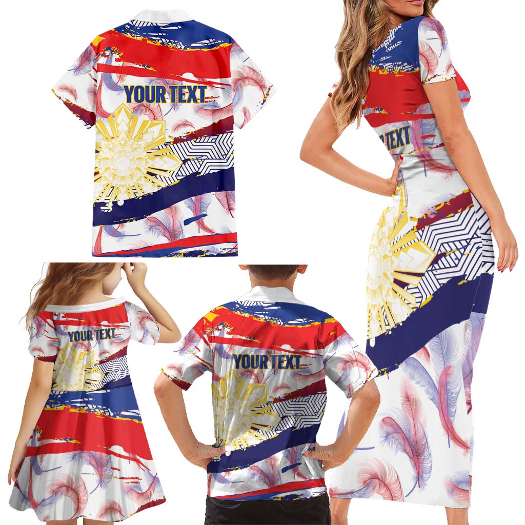Philippines Sun Tattoo Family Matching Short Sleeve Bodycon Dress and Hawaiian Shirt Feathers Filipinas Grunge Style White